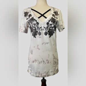 Affliction Black Label Series Love&Roses White/Gray‎ Tee with Black Roses Size M